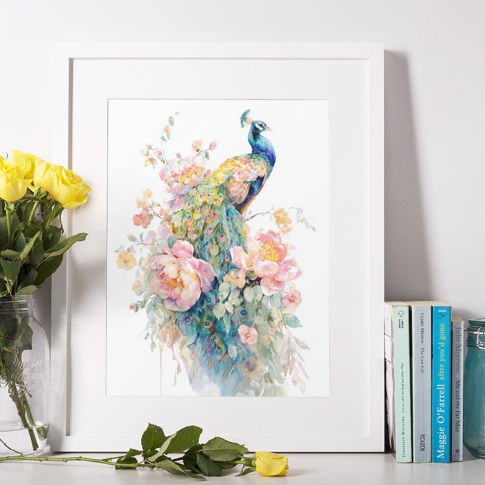 Watercolor Floral Peacock Wall Art Illustration Print Poster Card Unframed - Picture 7 of 9